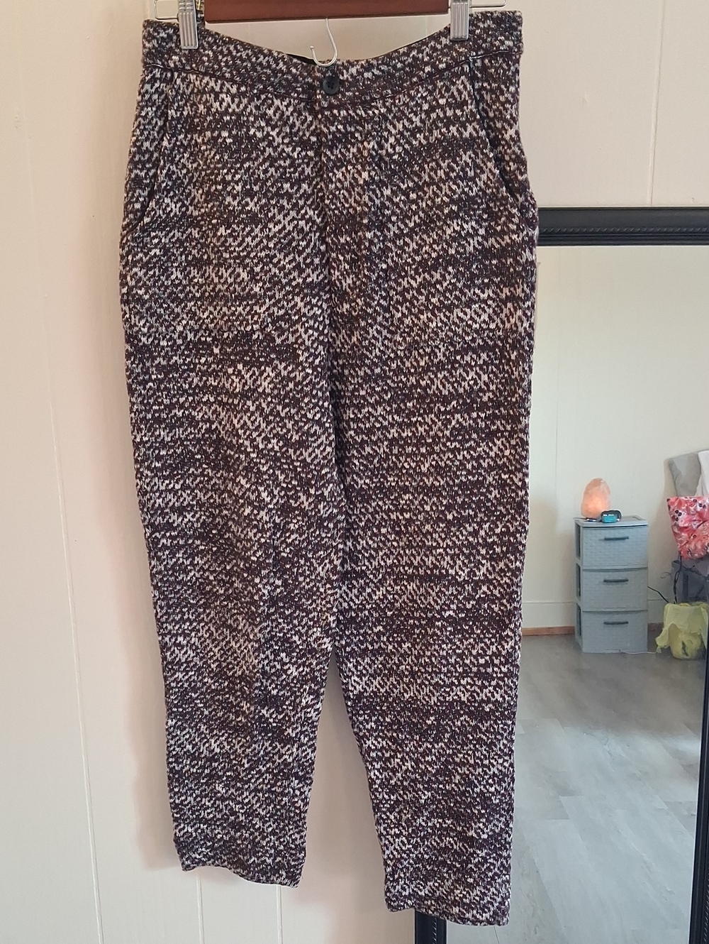 Free People Textured Marled Knit Trouser Pants in Burgundy, Black & White Pocket